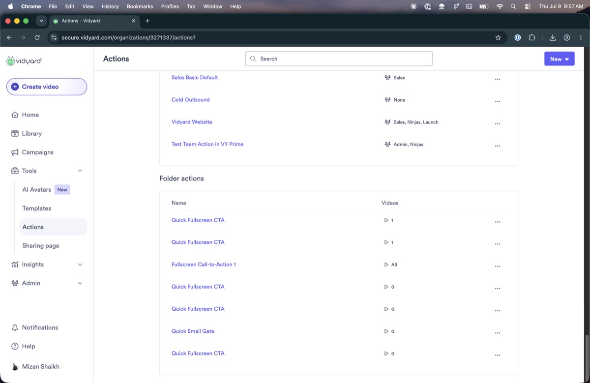 Actions page with folder actions listed below team actions