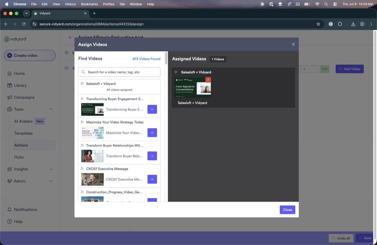 Assign Videos dialog with dated styling