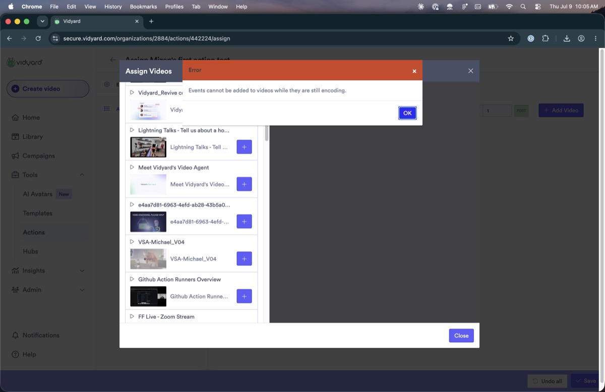 Assign Videos dialog video picker