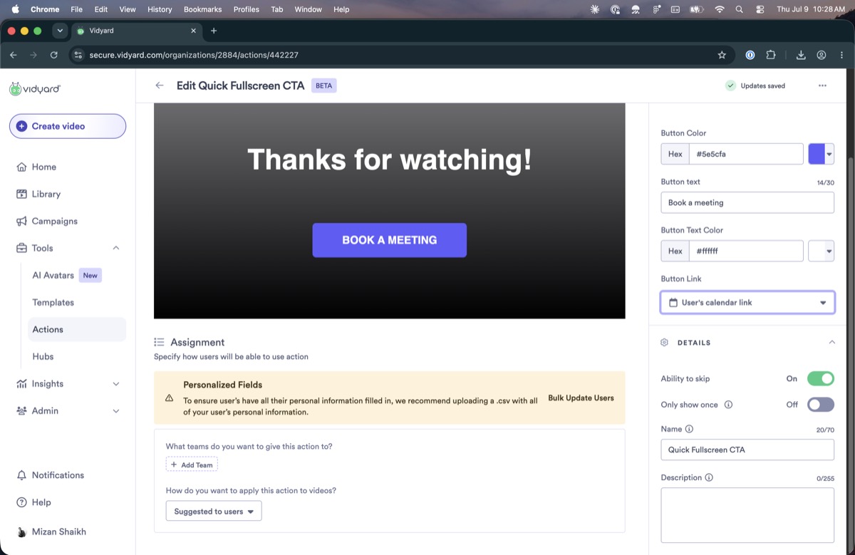 Personalized fields note pointing to bulk update