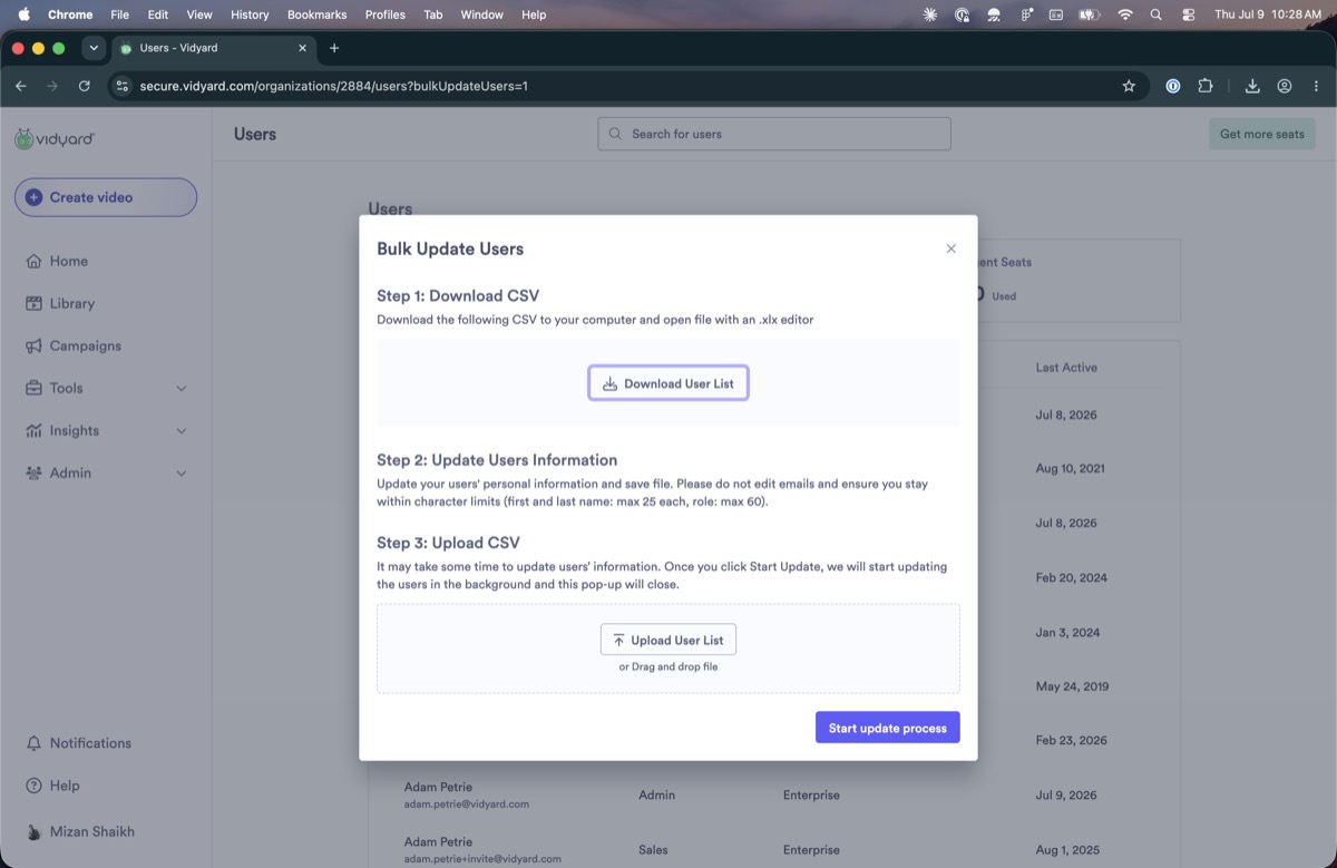 Bulk Update Users CSV modal