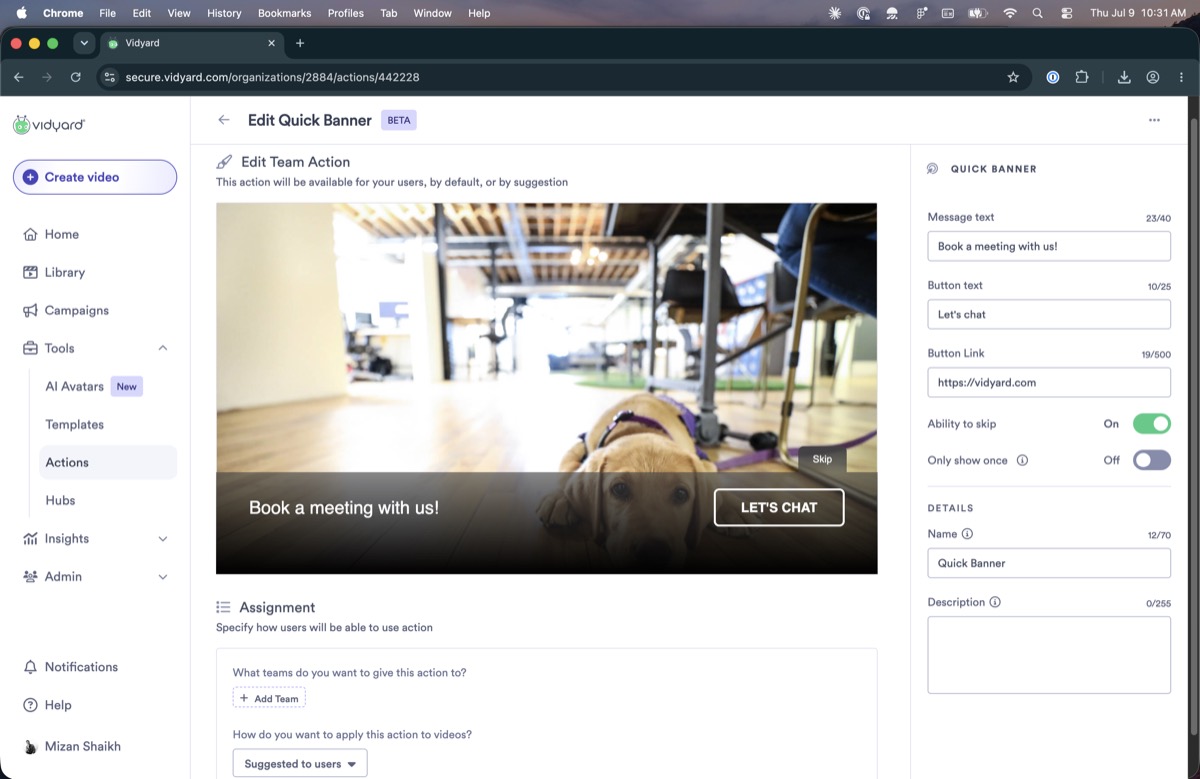 Action preview showing a stock dog image