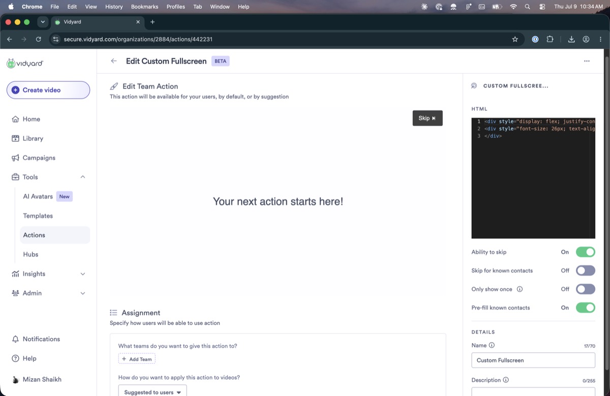 Custom Fullscreen action opens an HTML CSS code editor