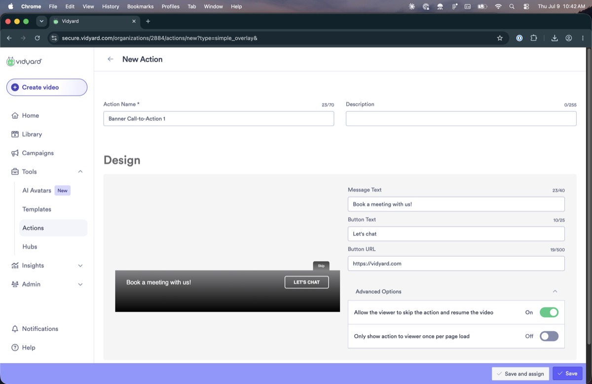 Action editor with Save and Save and assign buttons