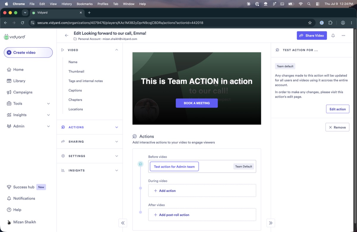 Selecting the team-default action opens a read-only panel
