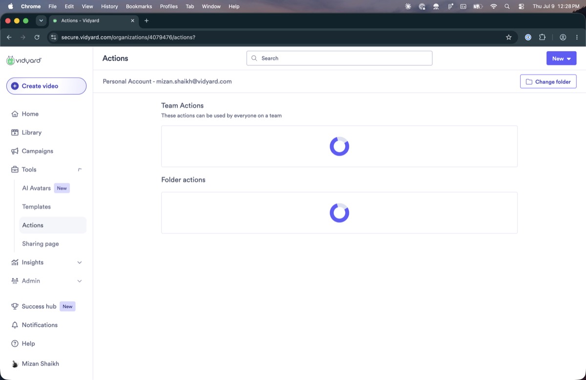 Actions page with loading spinners on both lists