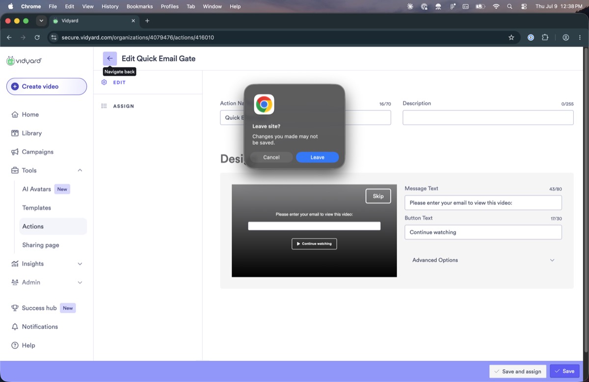 Browser native Leave site dialog when navigating back from a folder action